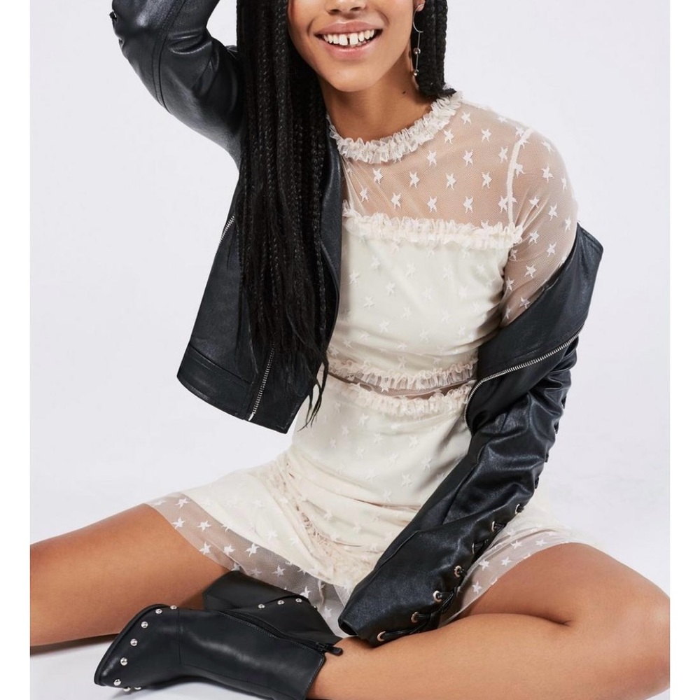 Nasty Gal Sheer Mesh Stars Ruffle Long Sleeve Mini Dress Petite Medium Cream